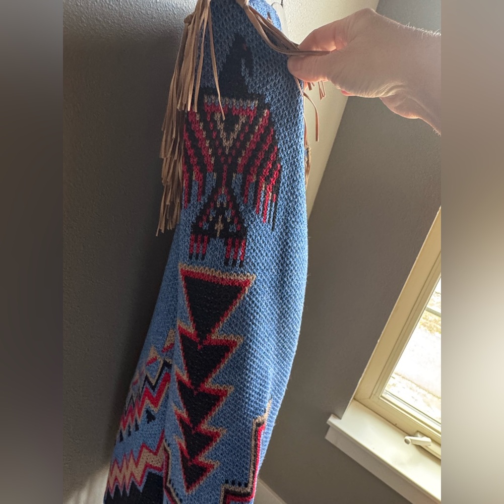 Made in USA Bohemian Cardigan with Thunderbird Design & Fringe, Blue, sz Lrg. - Picture 6 of 8